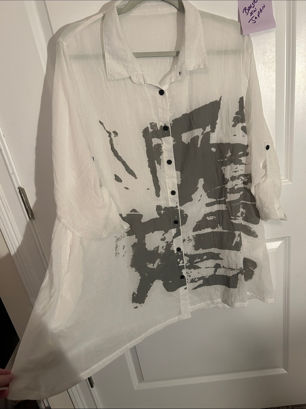 White Button-Front Shirt with Gray Graphic from Japan - Picture 2 of 7
